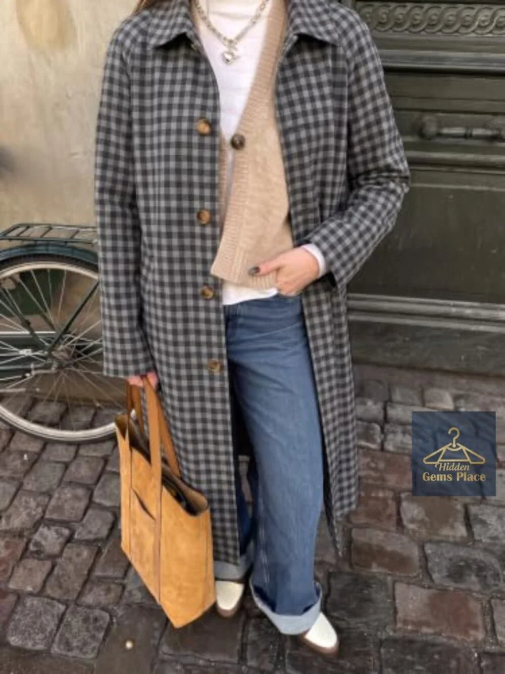 Women's Plaid Trench Coat Single Breasted Long Jacket Fall